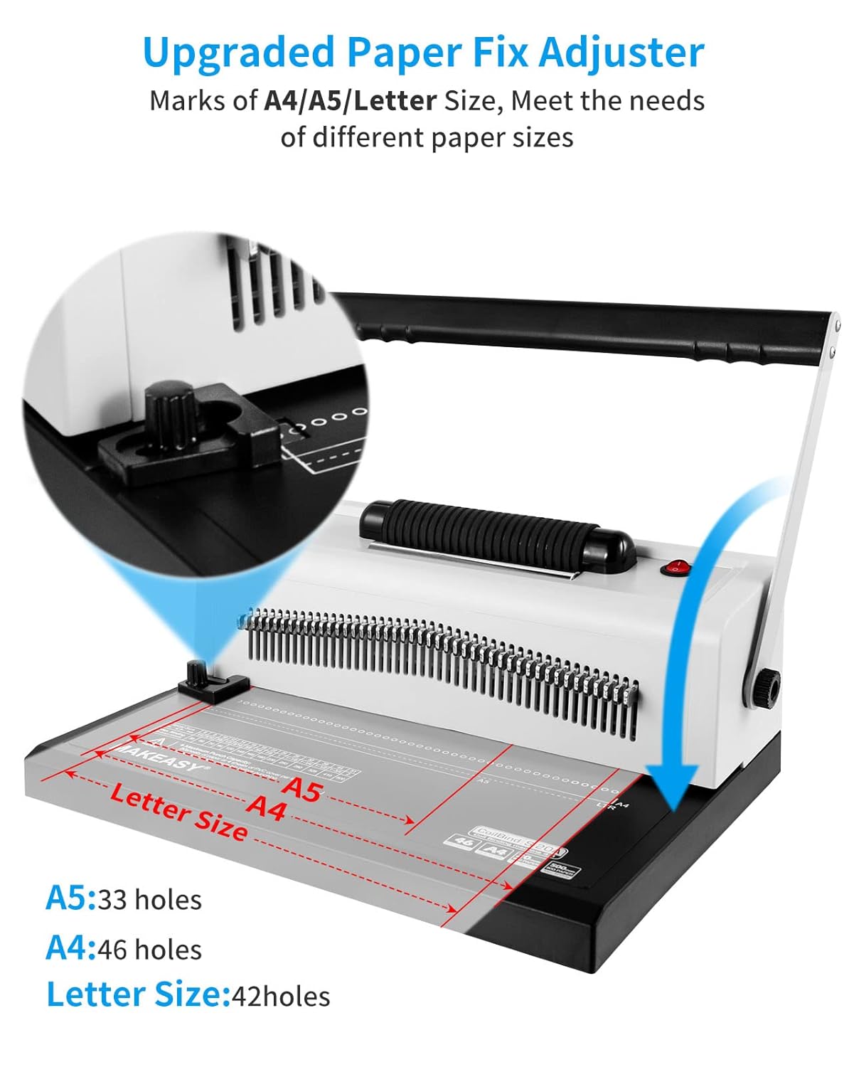 MAKEASY Spiral Coil Binding Machine with 46 Fully Disengaging Pins - Electric Coil Inserter - Adjustable Side Margin, Comes with Free 1 Box Coil Spines & Plier, 20 Sheet Punch Capacity