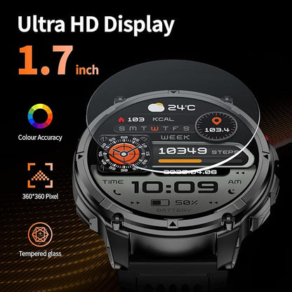 Mens Smart Watch for Android Phones and iPhone,Military Sport Smart Watches for Men Fitness Tracker Watch with Flashlight/Compass/Waterproof/100 Days Battery/Heart Rate/Sleep/100+ Sport Modes