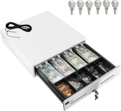 HK SYSTEMS 13inch "Stainless Steel" Front WHITE Heavy Duty POS Interface Cash Drawer with 4Bill/5Coin