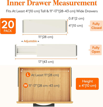 Lifewit 20 Pack Drawer Dividers 4" High, 11-17" Adjustable Dresser Drawer Organizers for Clothes, Expandable Dresser Separators in Bedroom/Bathroom/Kitchen/Vanity/Office Organization and Storage,Beige
