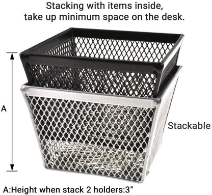 HAHIYO Stackable Paper Clip Mesh Holder Cup 2.2" Height 4 Pack Sturdy Paperclip Holder Container for Desk Drawer Organizer Collection for Home Office School Black Silver Soft Foam Feet No Sharp Edges