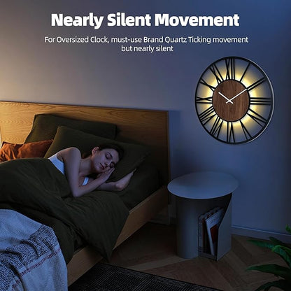 32 Inch Large Metal Wall Clock with Voice and Light Sensor Night Light, Glow in The Dark Non-Ticking Silent Battery Operated Decorative Oversized Wall Clock for Bedroom Living Room Decor