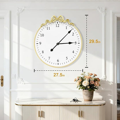 Large Vintage Gold Wall Clock, 27.5inch Decorative Round Wall Clocks with Bow Decor for Living Room, Retro Metal Battery Operated Clocks for Bedroom, Dining Room,Office