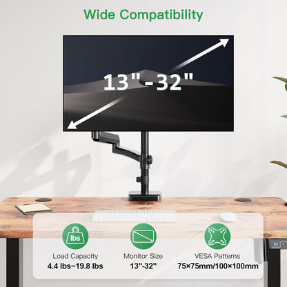 MOUNT PRO Single Long Monitor Arm, 13 to 32 inch Computer Monitor Desk Mount, Extra Long Adjustable Screen Stand, Tall Display Mount with Tilt, Swivel, Rotation, Hold up to 19.8lbs, VESA 75/100mm