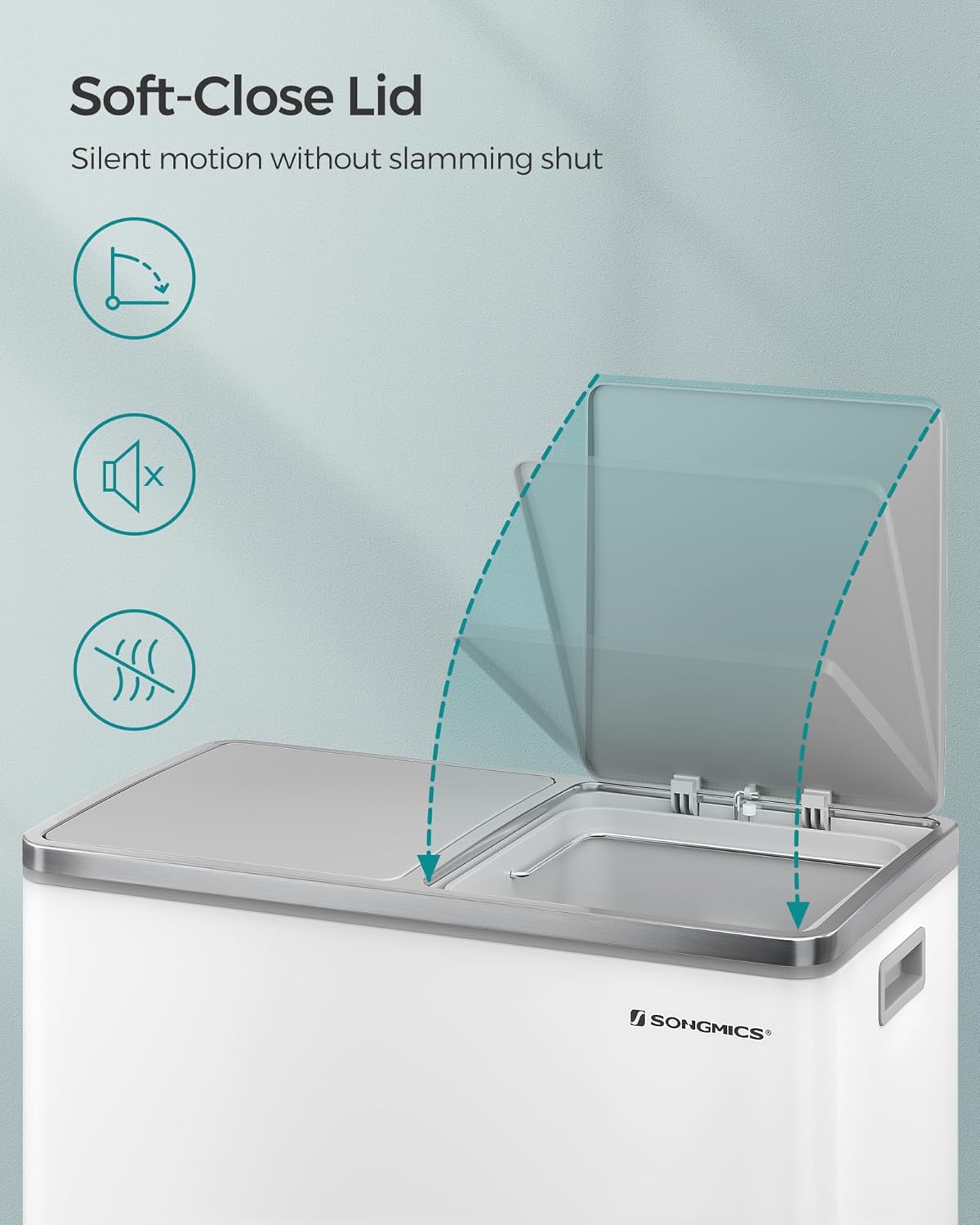 SONGMICS Trash Can, 2 x 8 Gallon (2 x 30 L) Garbage Can for Kitchen, with 15 Trash Bags, 2 Compartments, Plastic Inner Buckets and Hinged Lids, Airtight, White and Gray ULTB60WT