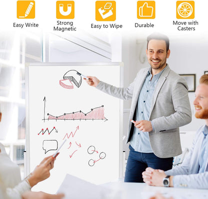 H-Qprobd 24"x36" Dry Erase Board with Stand - Adjustable Height Double Side Mobile Magnetic Rolling Whiteboard on Wheels for Home, Office & School