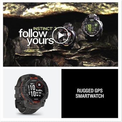 Garmin Instinct® 3 50mm, Solar Charged Display, Rugged Outdoor GPS Smartwatch, Metal-Reinforced Bezel, Built-in Flashlight, Charcoal