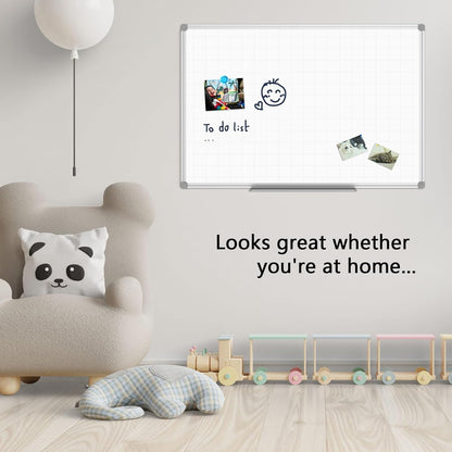 JILoffice Magnetic Dry Erase Planning Board, Grid Pattern White Board 36 x 24 Inch, Silver Aluminum Frame with Detachable Marker Tray for Office School and Home