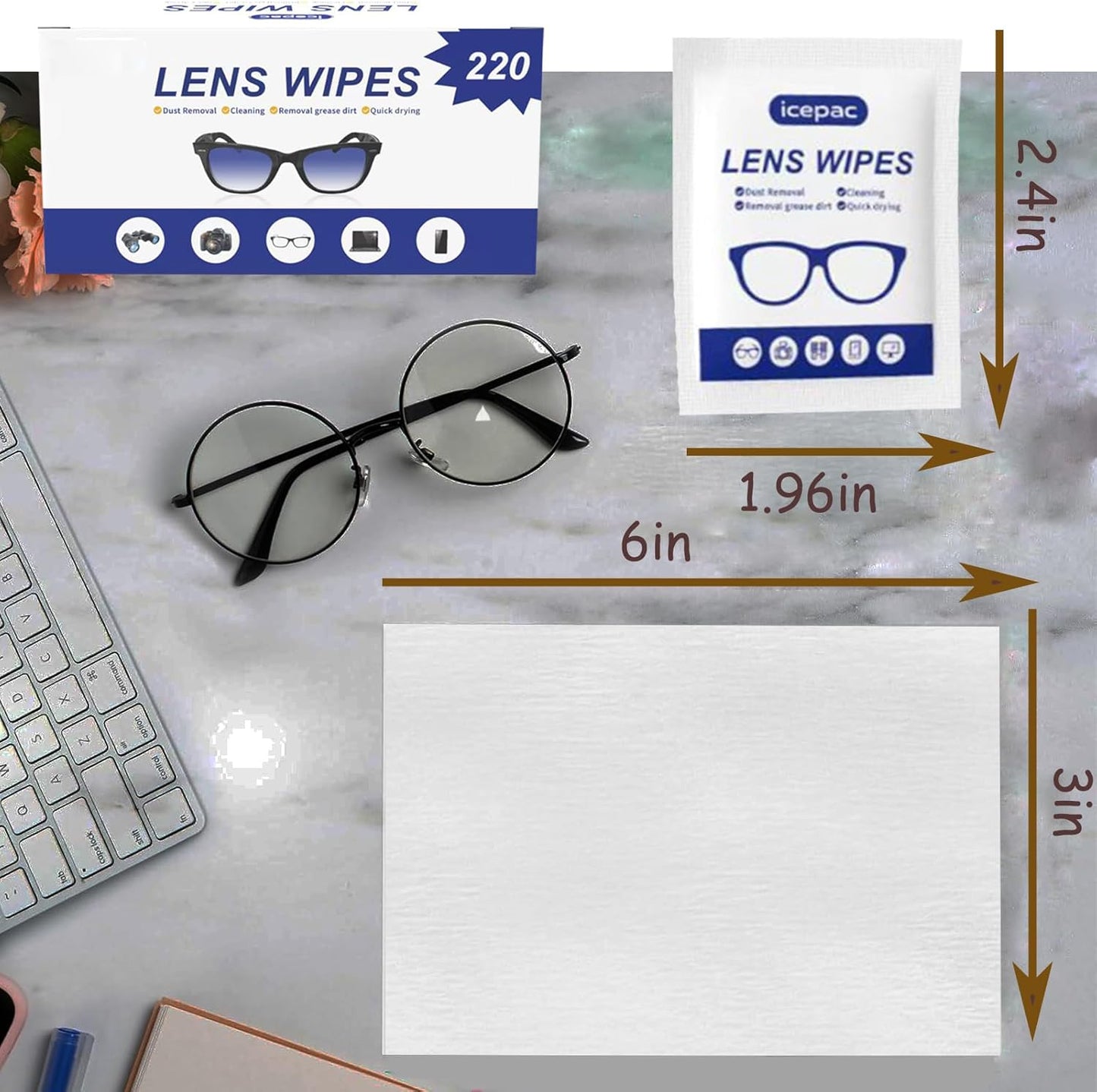 Eyeglass Cleaner Wipes, Sunglasses, Screens - Gentle and Portable for On-the-Go Cleaning of Devices, Lens Wipes for Eyeglasses, Wet Lens, Camera Lenses, Laptops, Etc. Individually Packaged（220 PCS）