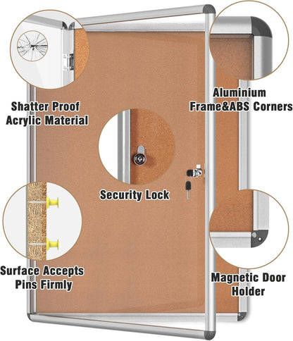 38"x28" Enclosed Bulletin Board, Lockable Weather-Resistant Aluminum Cork Noticeboard for School & Office, Silver Frame w/Cork