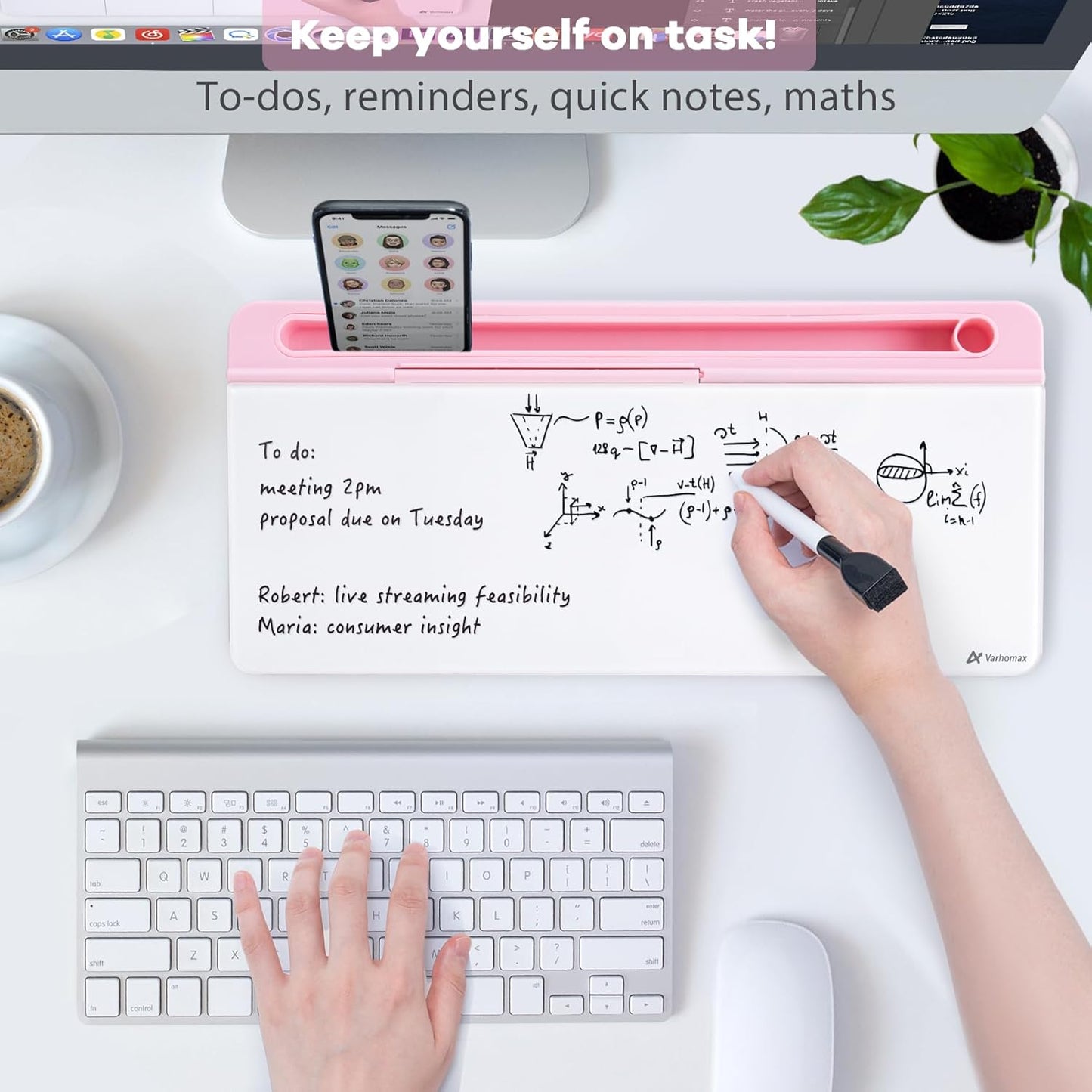 Varhomax Glass Desk Whiteboard with Storage, Desktop Organizer to-do List Memo Notepad Dry Erase White Board for Home Office and School Supplies (Pink)