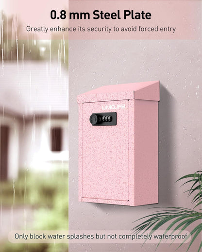 Uniclife Pink Metal Wall Mounted Mailbox with Top Slot, Key Drop Box with Combination Lock for Outside, Donation Box Collection Boxes, Safe Suggestion Boxes, Steel Cash Drop Chest