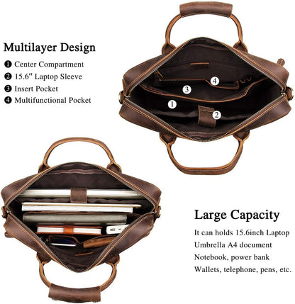 Augus Leather Laptop Briefcase for Men,Waterproof Travel Messenger Duffle Bags 15.6 Inch Laptop Bag