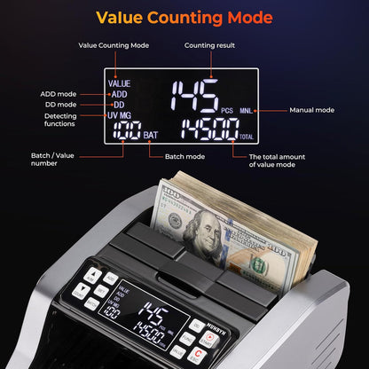MUNBYN IMC20 Money Counter Machine with Value Count, UV/MG/IR/MT Counterfeit Detection for Dollar/Euro Bill Counter, Add/Batch/Value Mode Cash Counter, LED External Display, 2Y Protection