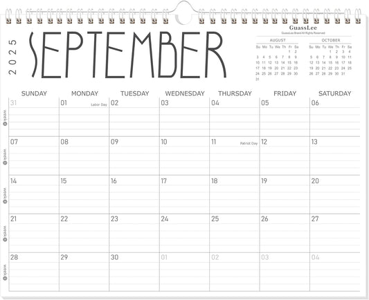 GuassLee 2025 Wall Calendar - 12 Monthly Calendar from September 2025 to August 2026, 14" x 11" 2025-2026 Hanging Calendar with Spiral Binding Week Numbers for School Home Office Planning & Organizing