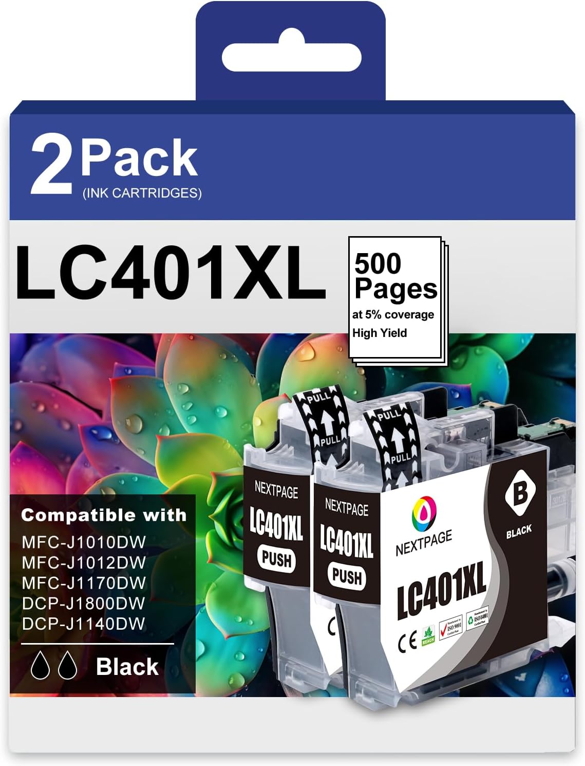 LC401XL Black Ink Cartridges High Yield Compatible for Brother LC401 XL LC401XL Black Ink Cartridges for Brother MFC-J1010DW MFC-J1012DW MFC-J1170DW Printer - 2 Pack LC401XLBK