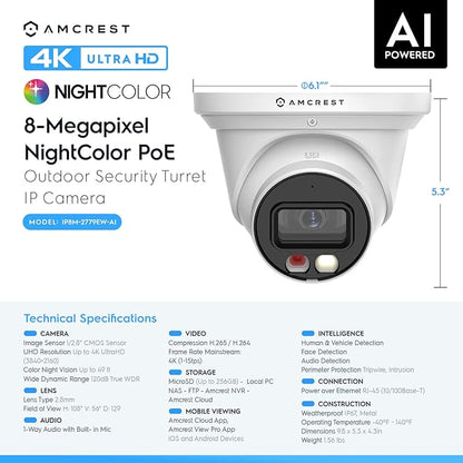 Amcrest 4K Security Camera System, 4K 8CH PoE NVR, (4) x 8-Megapixel Night Color Turret POE IP Cameras (IP8M-2779EW-AI), Active Deterrent, Pre-Installed 2TB Hard Drive, NV4108E-2779EW4-2TB (White)