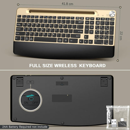 Ergonomic Wireless Keyboard and Mouse with Wrist Rest，Phone Holder - 2.4GHz Full-Sized Low-Profile Quiet Gold Wireless Mouse and Keyboard Combo for Computer, Laptop, PC, Mac-Gold