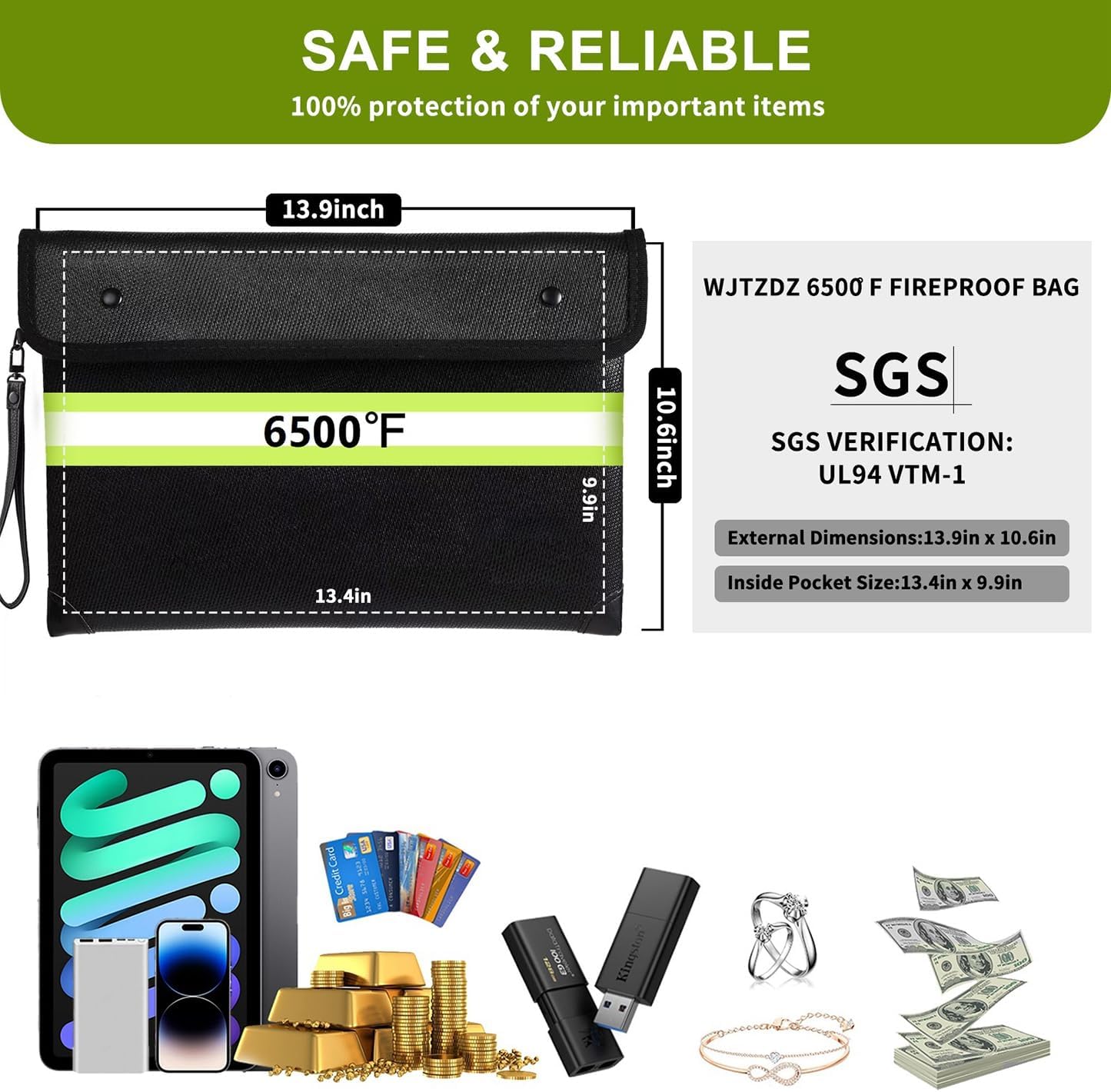 6500°F Fireproof Document Bag, Upgraded Fireproof/Waterproof Money Bag with Zipper/Reflective Strip,Storage Pouch for A4 Letter Size Document,Cash,Cell Phone,Passport