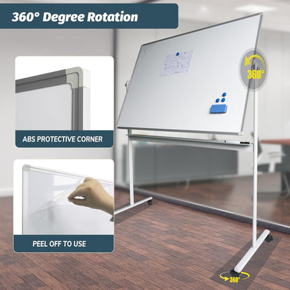 Rolling Whiteboard Magnetic Writeboard 48"x36" Flip Chart with 4 Wheels 2-in-1 Easel-Style Dry Erase Boards 2-in-1 Message Bulletin Board (White)