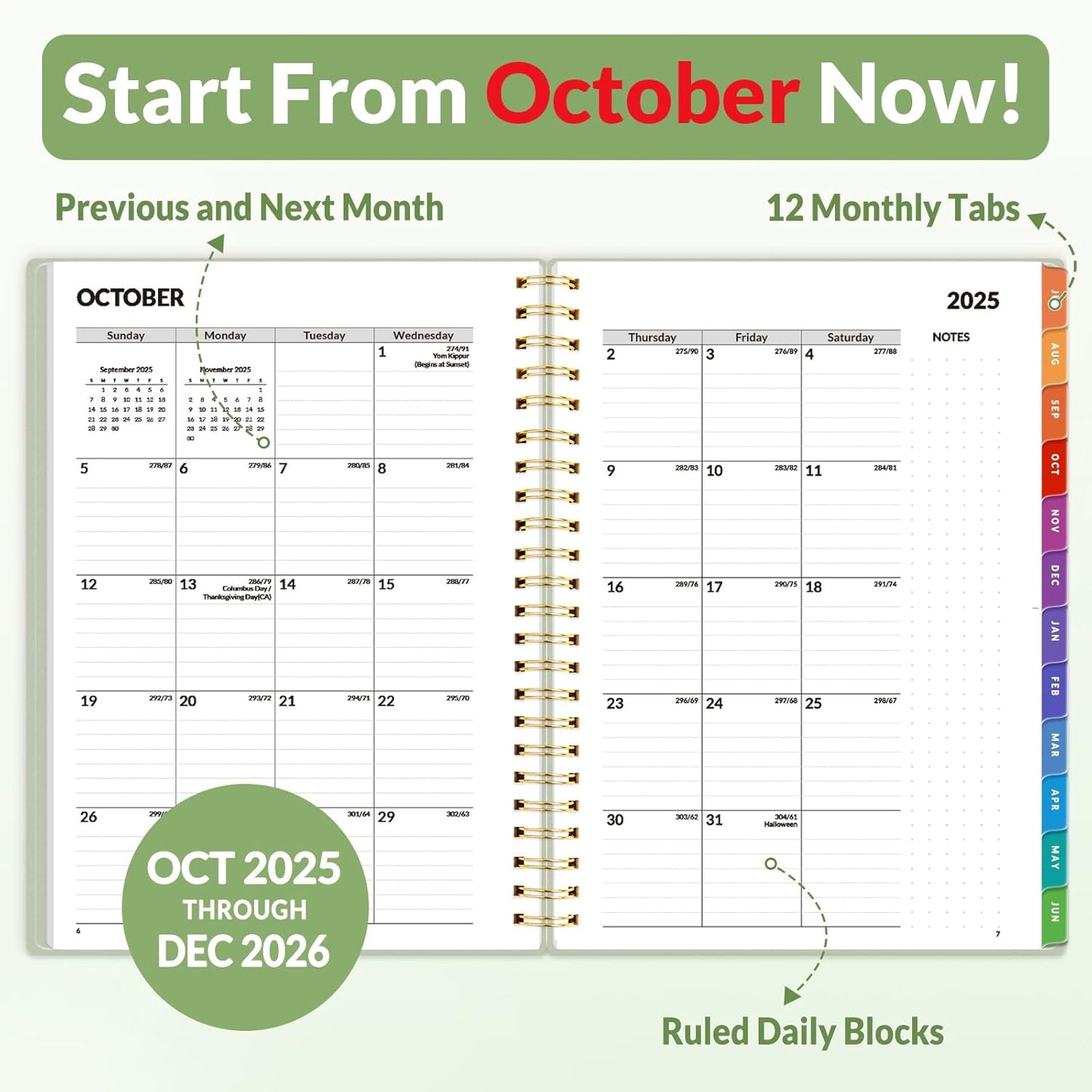 SUNEE 2026 Weekly and Monthly Planner - from January 2026 - December 2026, 6.4" x 8.3" Daily Agenda Planner with Monthly Tab, Flexible Cover, Note Pages, Pockets, Bookmark, Spiral Binding, Greenery