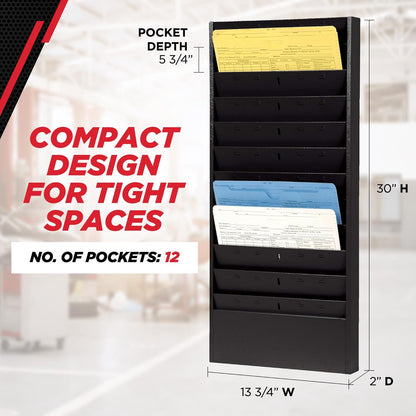 PROLific Automotive Products CHAMP Repair Order Rack, 12-Pocket Wall Mount Organizer, Heavy-Duty Alloy Steel, Powder Coated, Ideal for Auto Workshops and Garages - Black