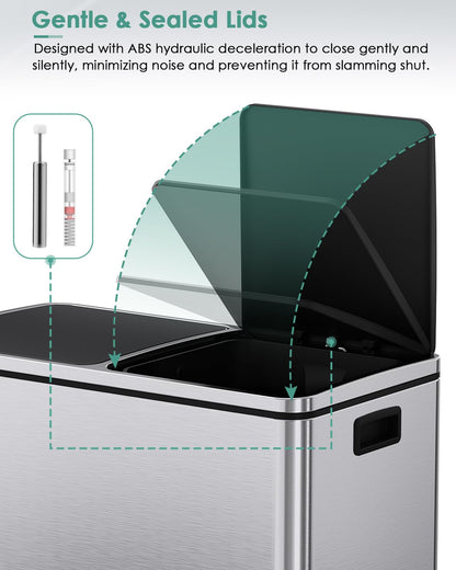 AthLike 60L(16 Gal) Dual Trash Can, Stainless Steel Kitchen Garbage Can, Double Compartment Classified Rubbish Bin, Recycle Dustbin w/Plastic Inner Buckets, Soft-Close Lid, Airtight, Silver