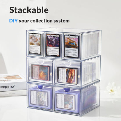 4 Drawer Trading Card Storage Box for Toploader & Magnetics, Clear Card Organizer with Divider for TCG, MTG, Sports Cards, Holds 380+ Top Loaders