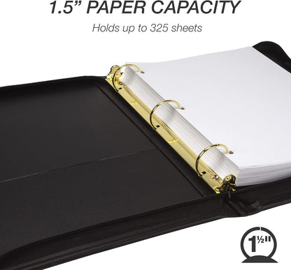 Samsill Classic Collection Leather Binder, Zippered, Executive Presentation Portfolio, 1.5 Inch (Holds 325 Sheets), Brass Round Ring, Black