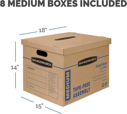 Bankers Box Medium Classic Moving Box 8 Pack, Reinforced Handles, Tape-Free Assembly, Box with Lid, 19-in x 14.5-in x 15.5-in (7717201)