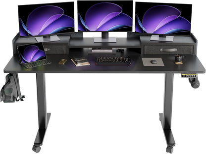 YDN Standing Desk with Drawers, 63 Inch Standing Desk Adjustable Height, Adjustable Electric Stand Up Sit Stand Small with Storage and Shelf, Black