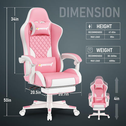 Gaming Chair,Ergonomic Computer Chairs for Adults with Footrest, PU Leather Office Chair with Adjustable Lumbar Support & Pocket Spring Cushion - Heavy Duty 400lb Capacity Gamer Chair (Pink)