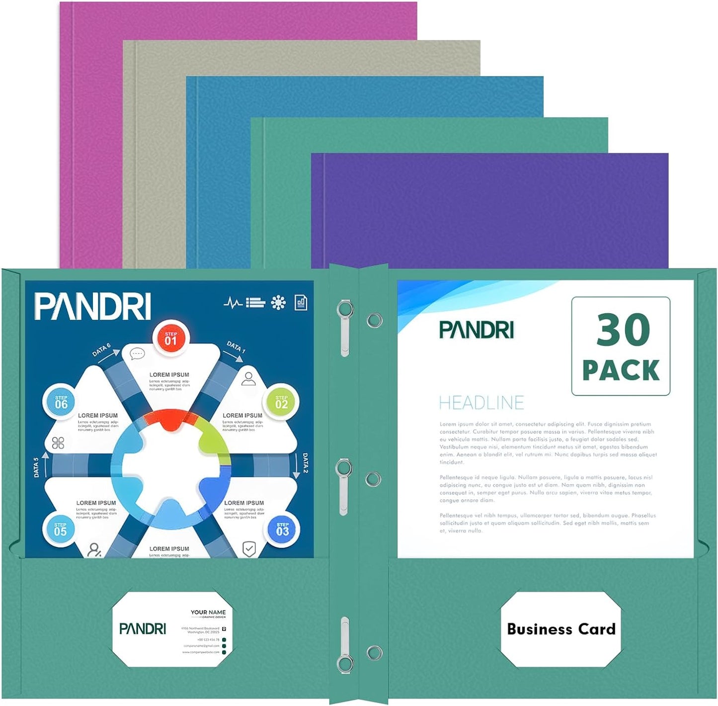 Two Pocket Folders, PANDRI 30 Pack Two Pocket Folders with Prongs, Designed for Office and Classroom, Assorted 5 Dark Colors 2 Pocket 3 Prong Folders