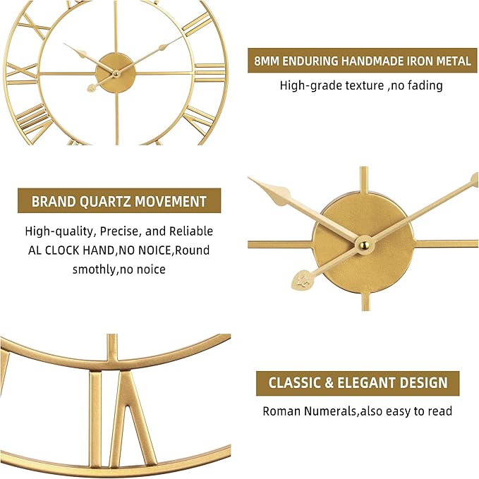 Large Wall Clock - 40cm/ 16 Inches Silent Non-Ticking, Battery Operated, Gold Vintage Decorative Modern Metal Wall Clocks for Living Room, Bedroom, Office, Farmhouse Decor