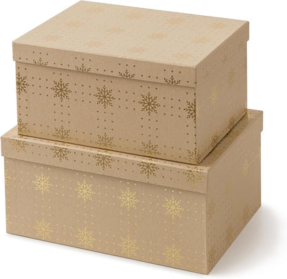 Soul & Lane Christmas Gift Boxes with Lids, Vintage Kraft Reusable Christmas Nesting Boxes for Presents, Decorative Cardboard Large Holiday Storage For Keepsakes and Snowflakes Decor, Set of 2