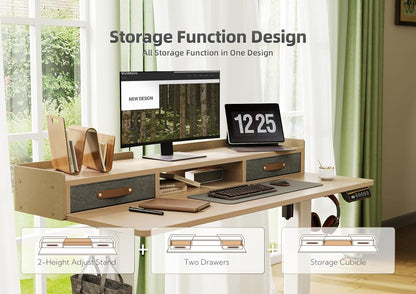 YDN Standing Desk with Drawers, 55 Inch Standing Desk Adjustable Height, Adjustable Electric Stand Up Sit Stand Small Desks with Storage and Shelf, Natural