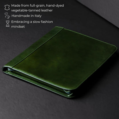 Time Resistance Leather Portfolio - A4 Document Folder - Italian Handcrafted Padfolio Organizer (Green) - Gift Box Included