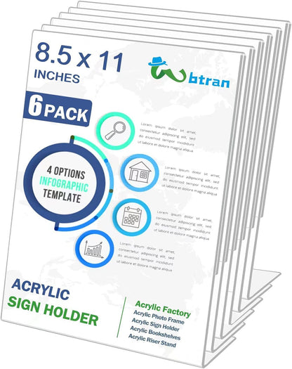 Acrylic Sign Holder 8.5 x 11, 6 Pack Slanted Back Sign Holders for Display, Clear Tabletop Plastic Paper Sign Holder for Office, Home, Restaurant