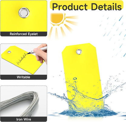 1000 Pieces Plastic Shipping Tags with wire Labeling Tags Waterproof Hang Tags with Reinforcement Hole Writable Luggage tag Loops for Equipment Inventory Parts Garage Storage (Yellow, 4 3/4" x 2 3/8")