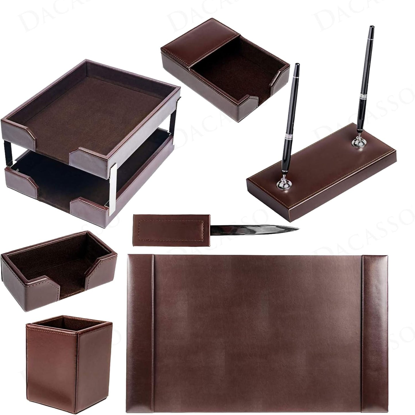 Dacasso Dark Brown Bonded Leather Luxury 9-Piece Desk Set - Blotter Pad & Desk Organization Essentials - Executive Decor and Surface Protector