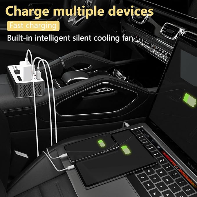 300W Car Power Inverter 12V to 110V，PiSFAU DC to AC Car Plug in Adapter Outlet with Multi USB[24W USB-C] /USB-Fast Charger(24W) Car Inverter，Car Charger for Laptop Vehicles Road Trip Essentials