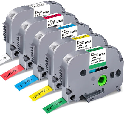 5-Pack Label Maker Tape Replace for Brother TZe TZ Tape 12mm 0.47 Laminated White Red Blue Yellow Green TZe231 431 531 631 731 Work for Brother P Touch Label Maker PTH110 PTD220 PTD210