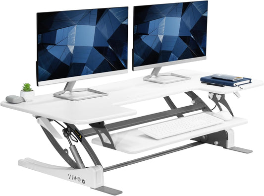 VIVO 48 inch Height Adjustable Large Stand Up Desk Converter, V Series, Quick Sit to Stand Tabletop Dual Monitor Riser Workstation, White, DESK-V048VW