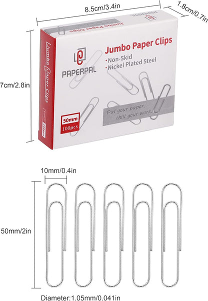 PAPERPAL Paperclips for Office School & Personal Use, Jumbo Nonskid Paper Clip (2"), 300 Large Paper Clips (3 Boxes of 100 Each), Silver