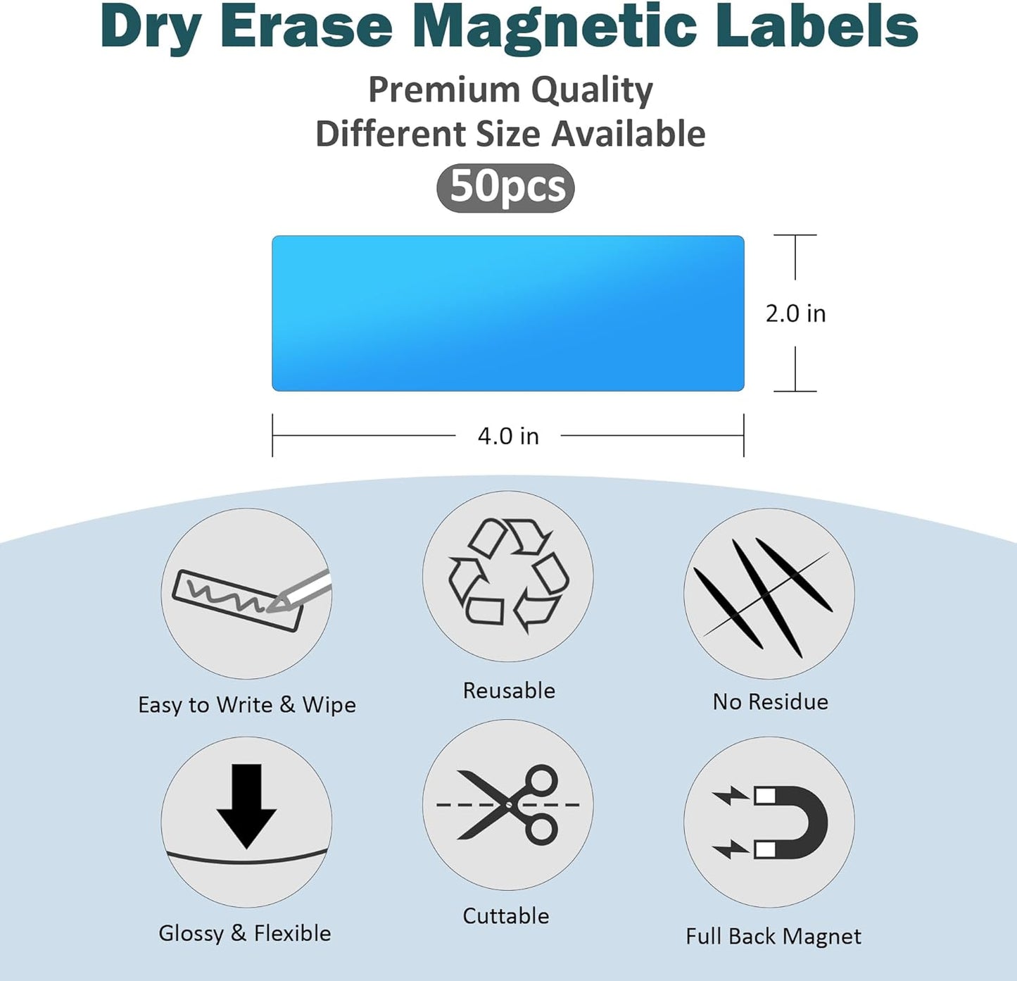LLPT Dry Erase Magnetic Labels 2" x 4" 50 Packs Blank Writable Magnet Stickers Reusable for Refrigerator Shelf Whiteboard Toolbox Craft and Other Metallic Surfaces Blue (DML2040BL)