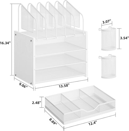 Marbrasse Desk organizer with Drawer, 4-Tier Wooden File Organizer with 5 Vertical File Holders and 2 Pen Holders, Desk Organizers and Accessories for Home Office - White