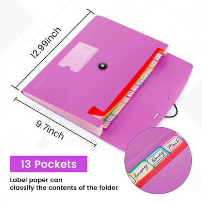13 Pocket Expanding File Folder Accordian File Organizer, A4 Letter Size Paper Document Receipt Holder for School Office Supplies, Purple