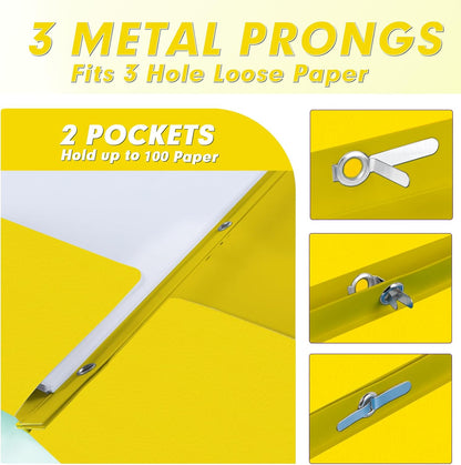 Two Pocket Folders, PANDRI 30 Pack Two Pocket Folders with Prongs, 3 Prong Folders Designed for Office and Classroom, Letter Size Yellow