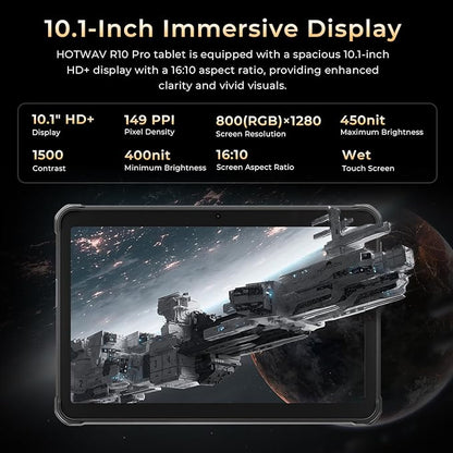 HOTWAV R10 Pro 2025 Rugged Tablet Android 14-10.1 Inch HD+ 10800mAh Waterproof Tablet, 20GB RAM+256GB ROM/1TB TF Outdoor Tablets, 13MP+5MP Camera Octa-Core IP68&IP69K/4G-LTE/5G WiFi/Face ID/GPS/OTG