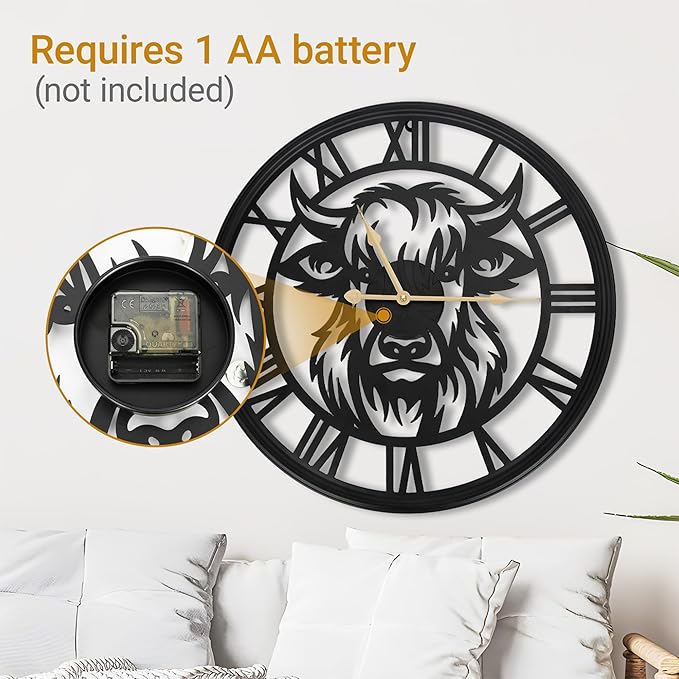 30inch Large Wall Clocks for Living Room Decor,Big Wall Clocks Battery Operated, Slient Black Metal Decorative Oversized Wall Clock for Bedroom, Kitchen (Highland Bull Wall Clock, 30 Inch)